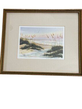 Mary Ellen Golden Coastal Framed Matted Print 1986 Beach Scene 12.75"x10.75"